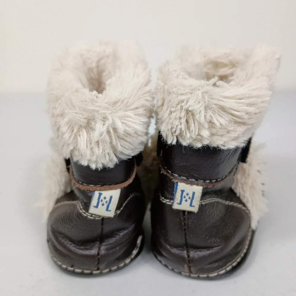 Jack Lilly Leather Moccasin Boots 18-24M Brown Sherpa Slip On Hook Loop Closure